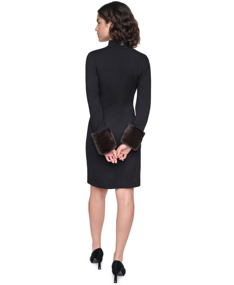Women's Faux-Fur Cuff Mock Neck Long-Sleeve Sweater Dress
