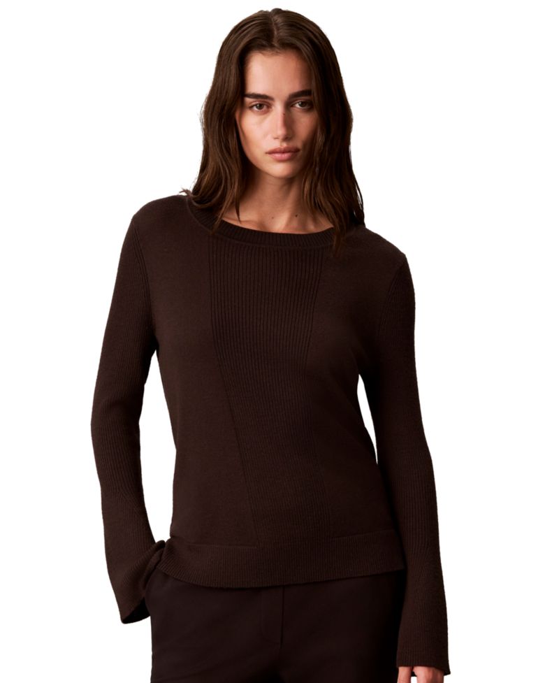 Petite Ribbed Sculpted-Sleeve Crewneck Sweater