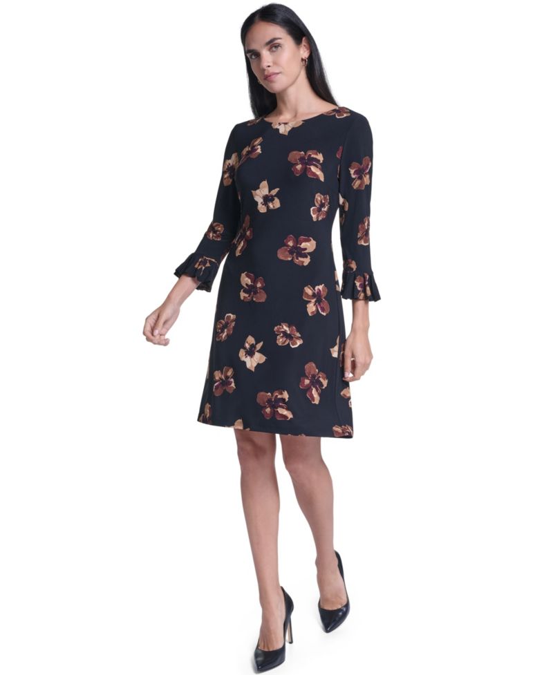 Women's Floral-Print Pleated 3/4 Sleeve Shift Dress