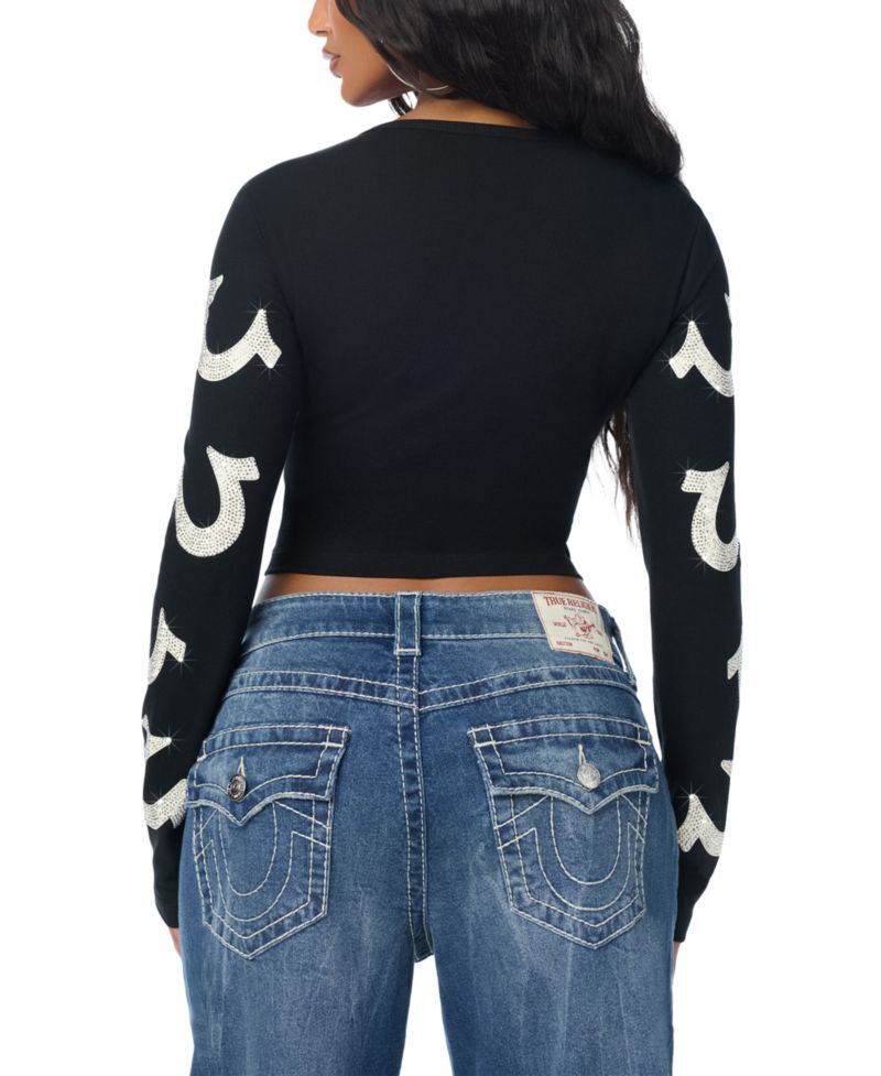 Women's Crystal Tattoo Long-Sleeve Graphic Crop Top