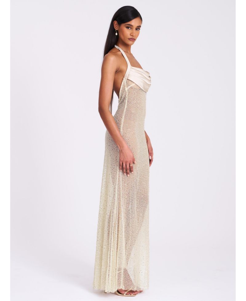 Women's Zahya Lime Halter Backless Beaded Mesh Gown