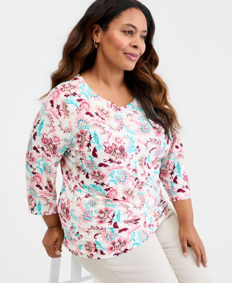Plus Size Bold Floral Scroll 3/4-Sleeve Jacquard Top