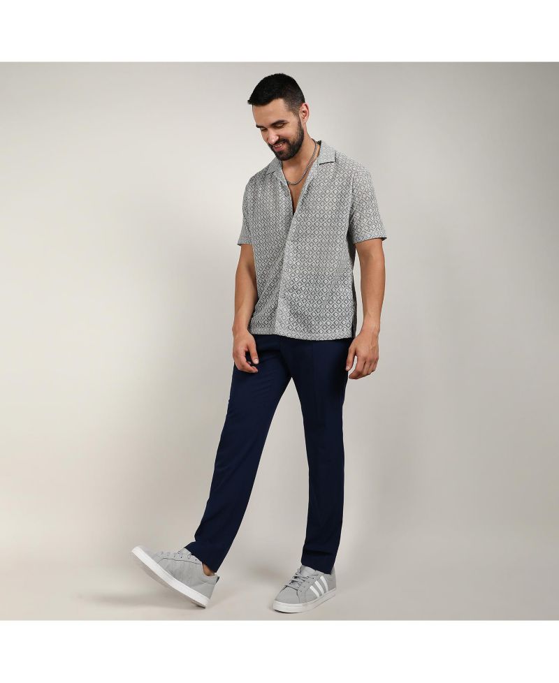 Men's Moon Grey Floral Embroidered Shirt