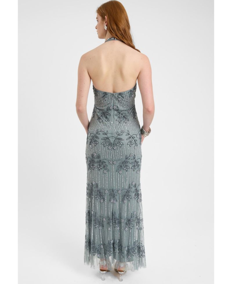 Women's Embellished Sequin Beaded Maxi Dress With Knot Design