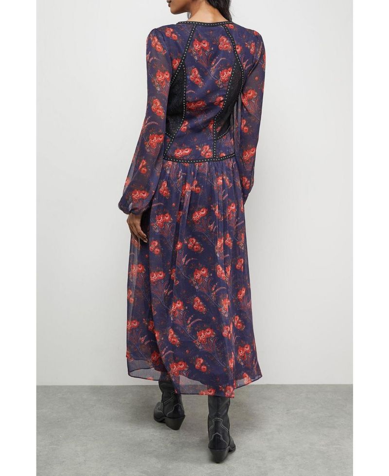 Women's Plunge Neck Pleated Maxi Dress