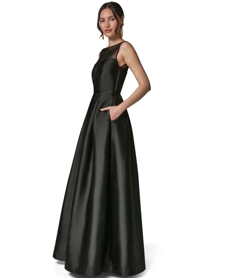 Women's Sleeveless Pleated Illusion-Neckline Gown