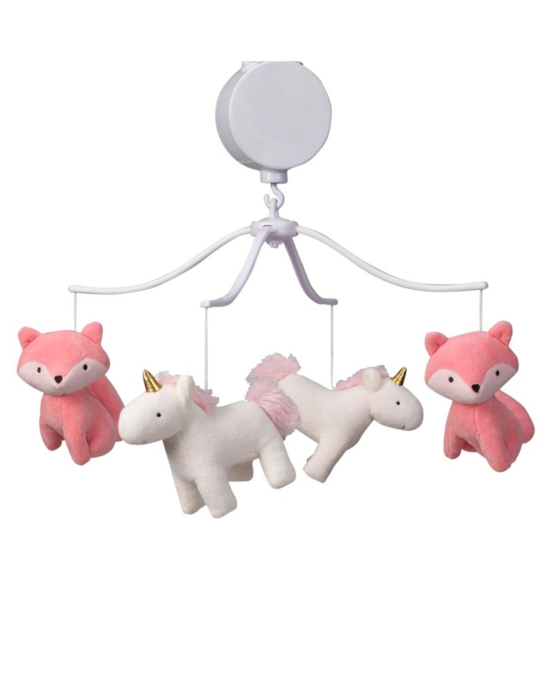Rainbow Unicorn and Fox White/Coral Musical Baby Crib Mobile