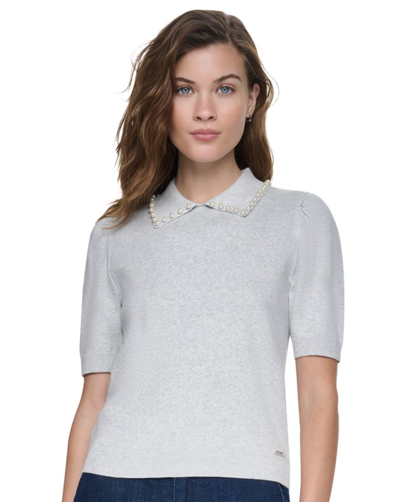 Petite Embellished Short-Puff-Sleeve Polo Sweater