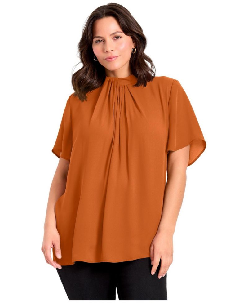 Women's Plus Size Twist Front Mockneck Flutter Sleeve Blouse