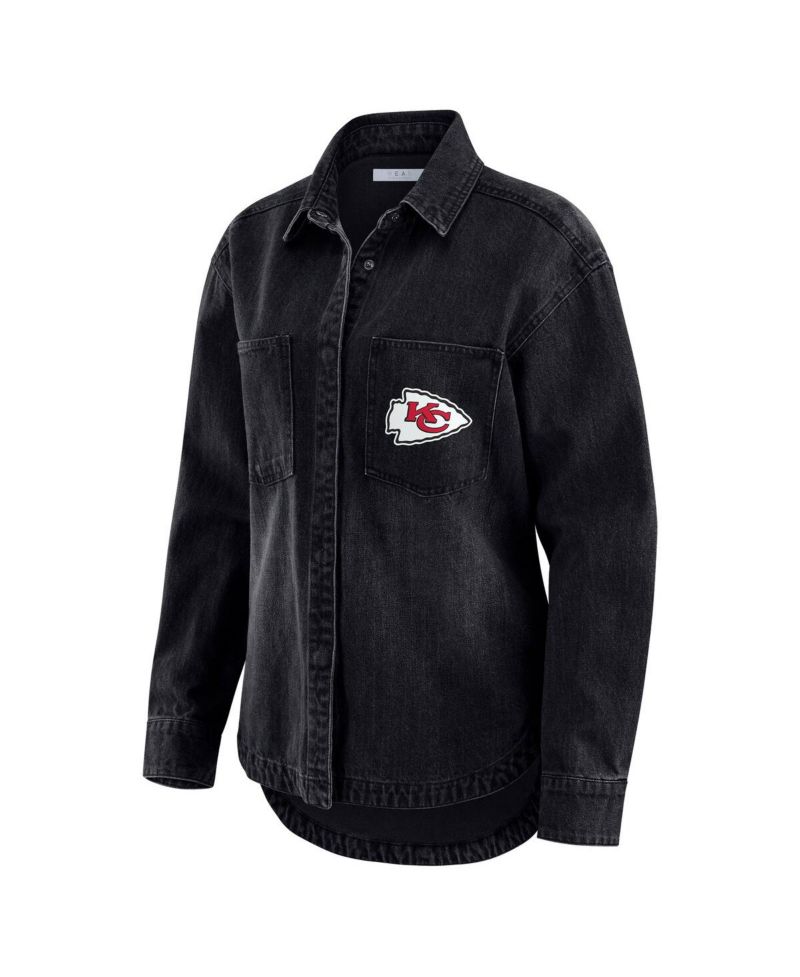 Women's Black Kansas City Chiefs Washed Oversized Denim Full-Snap Shacket