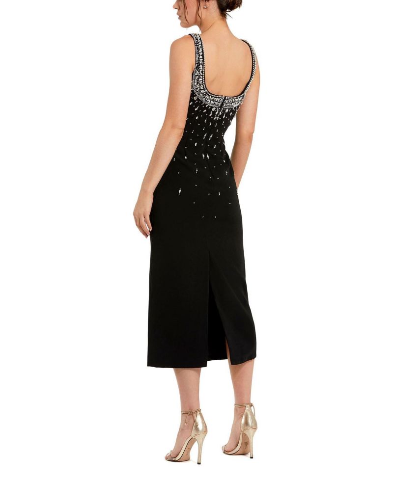 Women's Beaded Crepe Scoop Neck Sleeveless Midi Dress