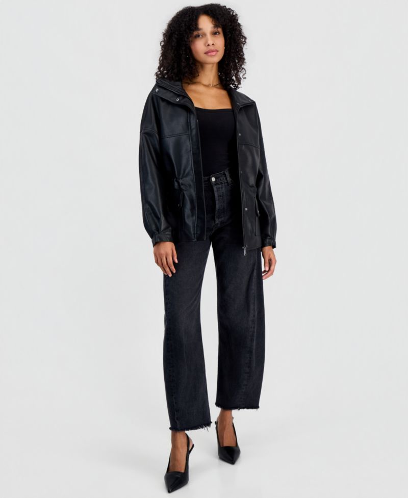 Women's Peplum Oversized Funnel-Neck Faux Leather Jacket