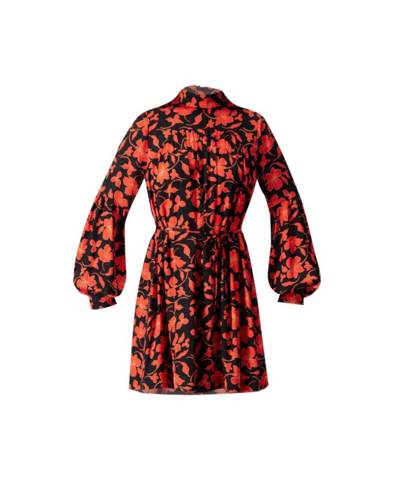 Women's Mini Dress with Red Floral Print and Drawstring Waist