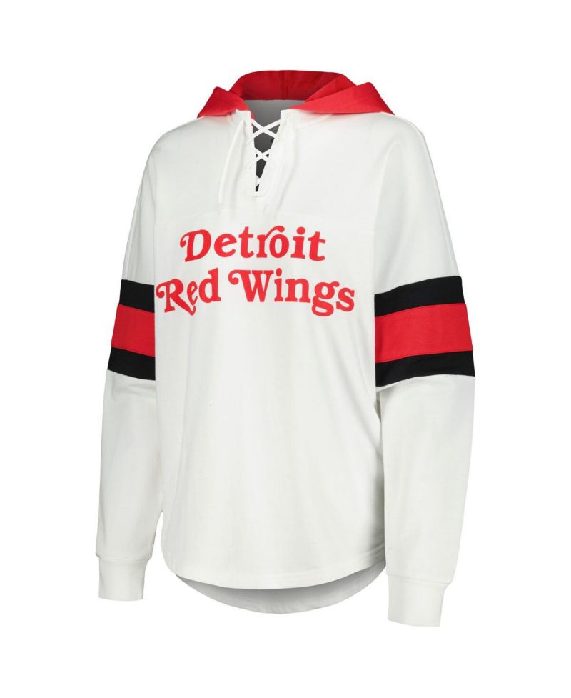Women's White, Red Detroit Red Wings Goal Zone Long Sleeve Lace-Up Hoodie T-shirt