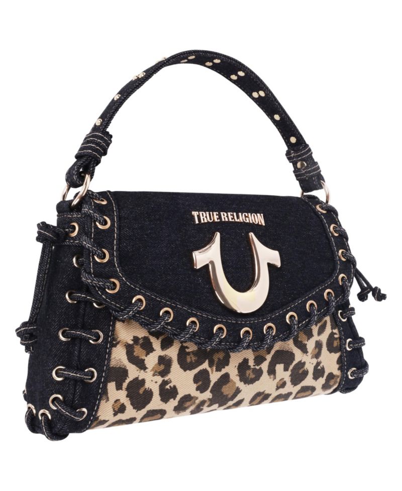 Denim Leopard Eyelet Trim Flap Bag