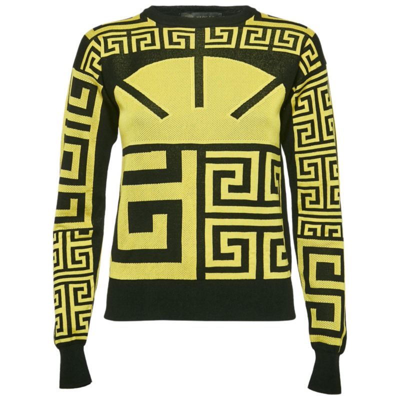 Women's Black/yellow Greca Pattern Jersey Crewneck Sweatshirt