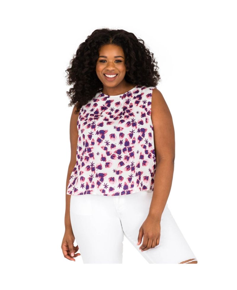 Plus Size Leaf Print Button Back Sleeveless Tops