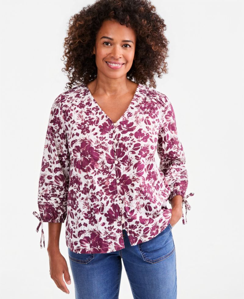 Women's Printed 3/4 Sleeve Lurex Woven Top