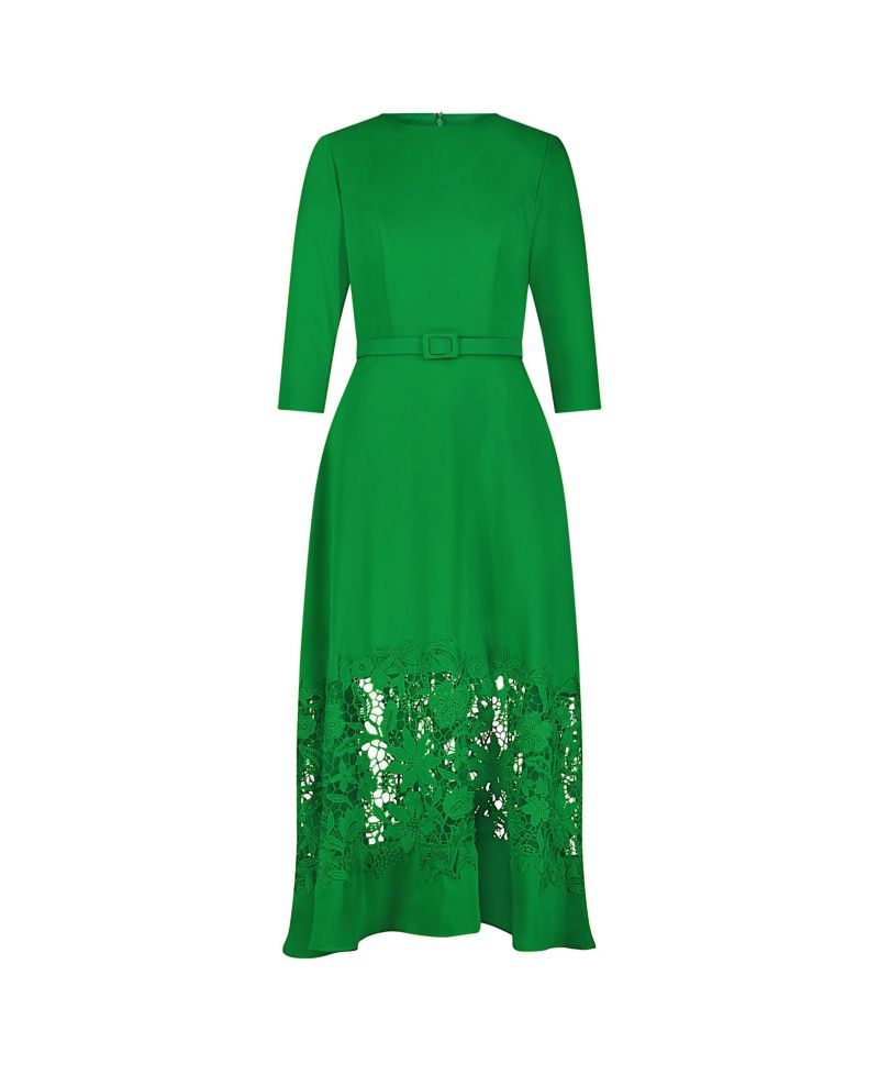 Women's Crepe Boat Neck Applique Cut Out Detail Midi Dress