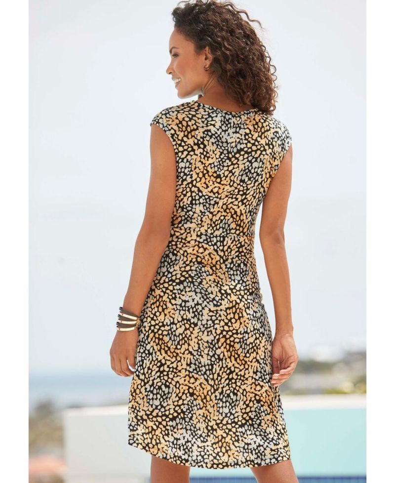 Women's Viscose Printed Look A-Line V-Neck Ruched Short Dress