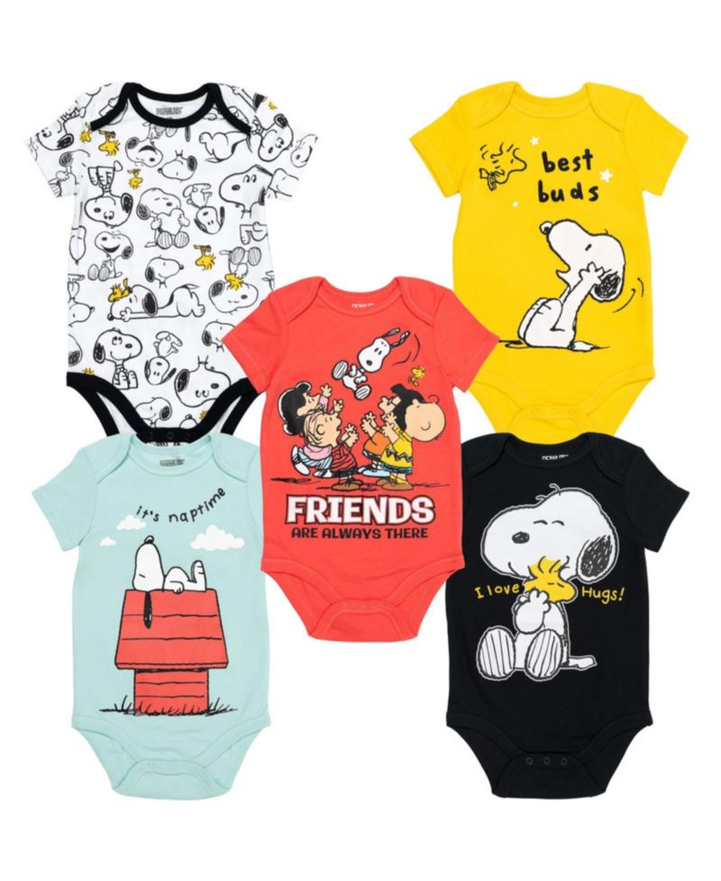 Snoopy Charlie Brown Boys 5 Pack Bodysuits Multi Infant