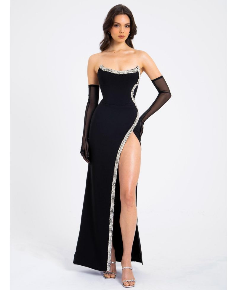 Women Xoana Black Crystal Embellished High Slit Gown