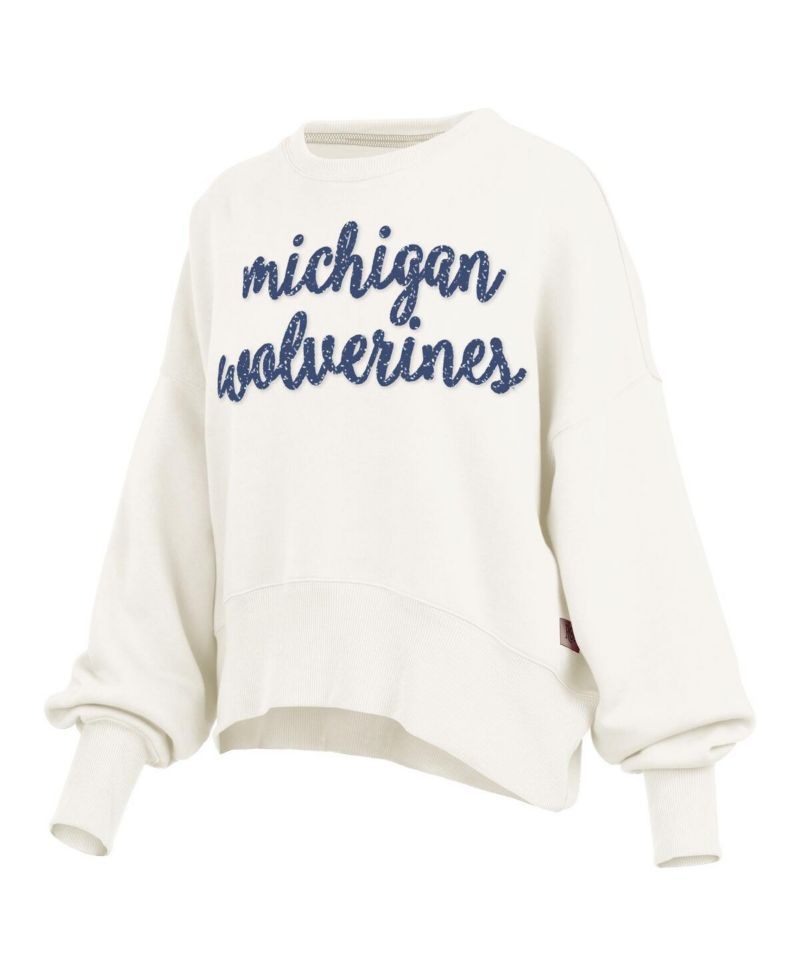 Women's Cream Michigan Wolverines Oversized Chelsea Waist Length Pullover Sweatshirt