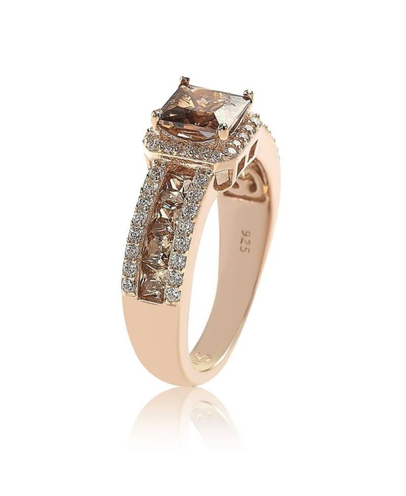 Suzy Levian Sterling Silver Cubic Zirconia Asscher Cut Brown Center Stone Ring