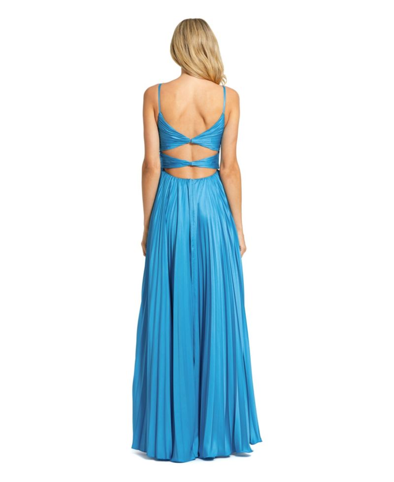 Women's Pleated Charmeuse Gown with Floral Detail, and High Slit