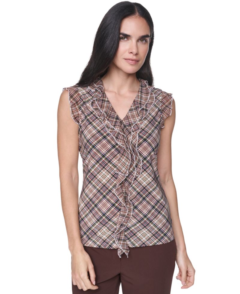 Women's V-Neck Plaid Ruffle Sleeveless Blouse
