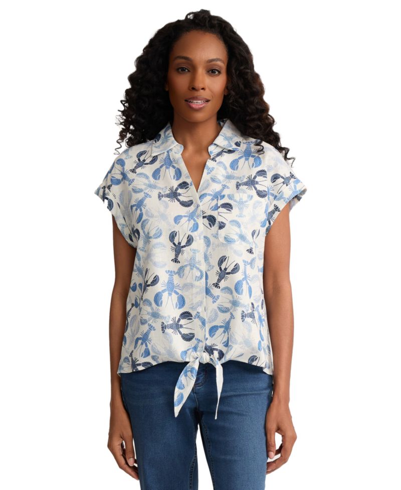 Petite Collared Short-Sleeve Tie-Front Linen Button Top