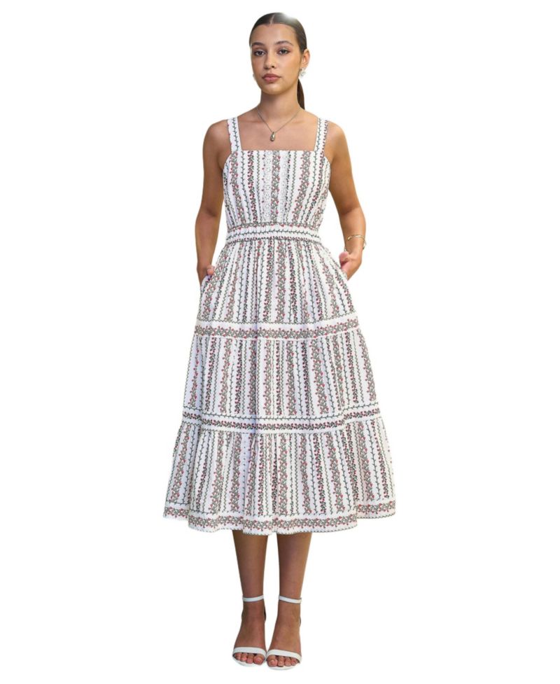 Women's Botanical Stripe Lace Trim Midi Dress