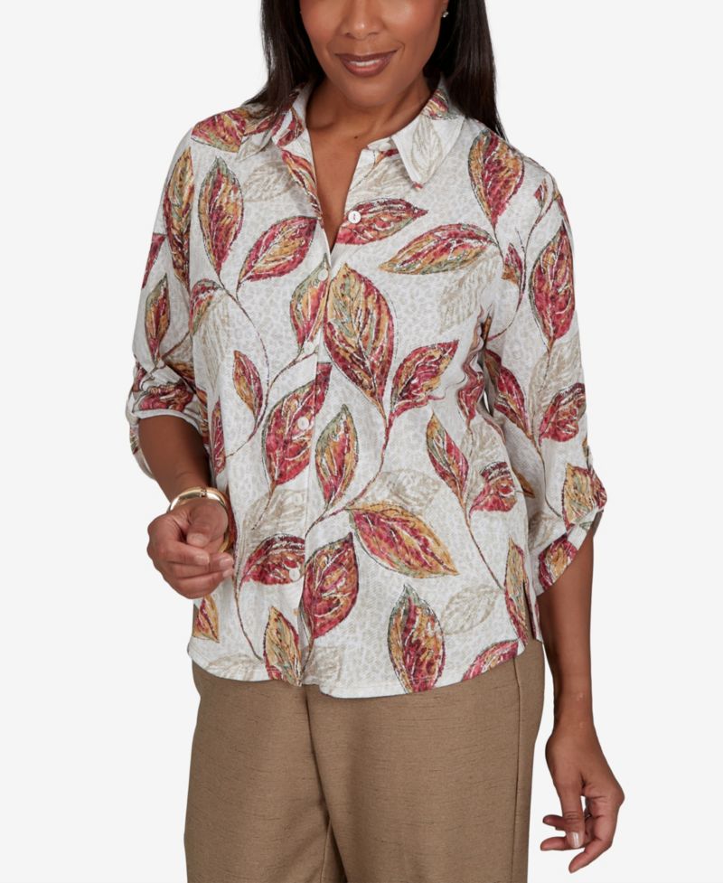 Women's Union Square Sketched Leaf Button Front Knit Top