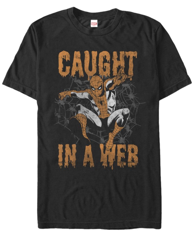 Marvel Men's Spider-Man Caught In A Web Drip Text Short Sleeve T-Shirt