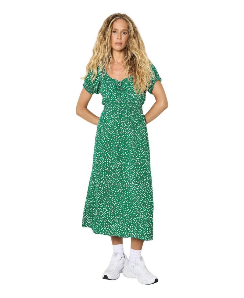 Women's Milkmaid Midi Spot Printed Smocked-Waist Puff-Sleeve Dress