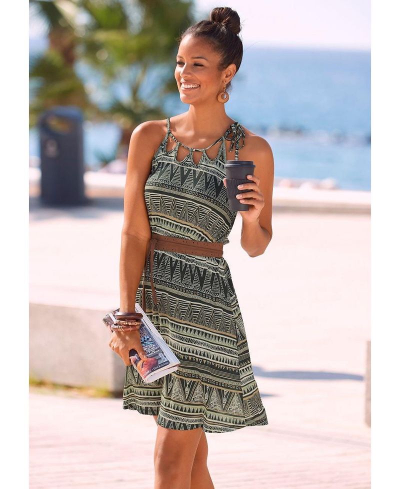 Women's Viscose Printed Cut Out Cutout Elastic-Waist Short Dress