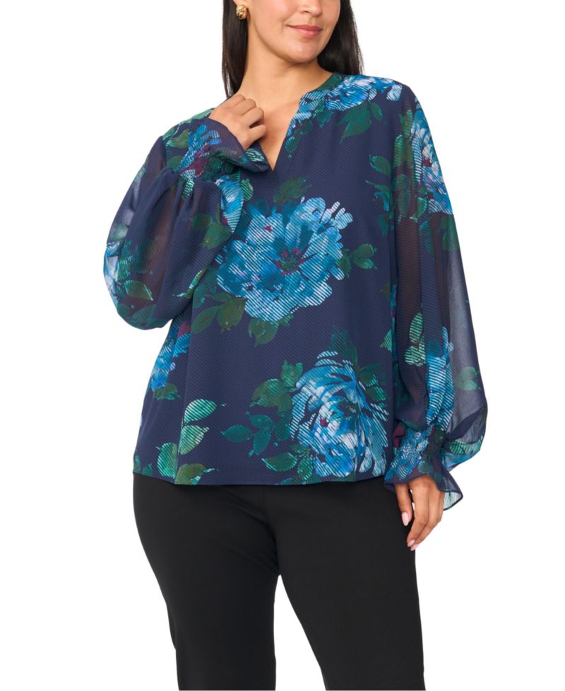 Plus Size Split-Neck Floral-Print Long-Sleeve Blouse