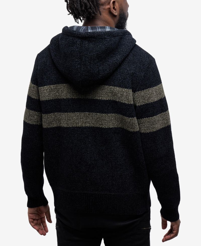 Men's Full Zip Hooded Sweater With Stripes And Flannel Lining