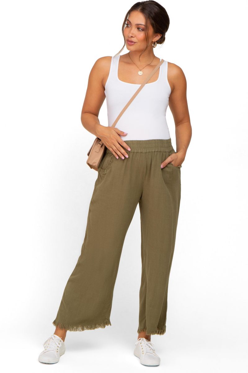 Women's Olive Linen Frayed Hem Crop Pants