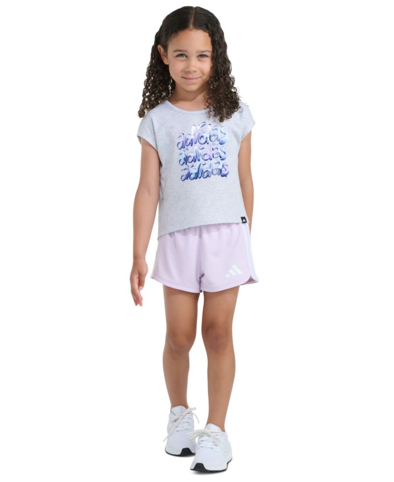 Girls' 2T-6X Short-Sleeve Back Pleated Heather T-Shirt and Mesh Shorts, 2-Piece Set