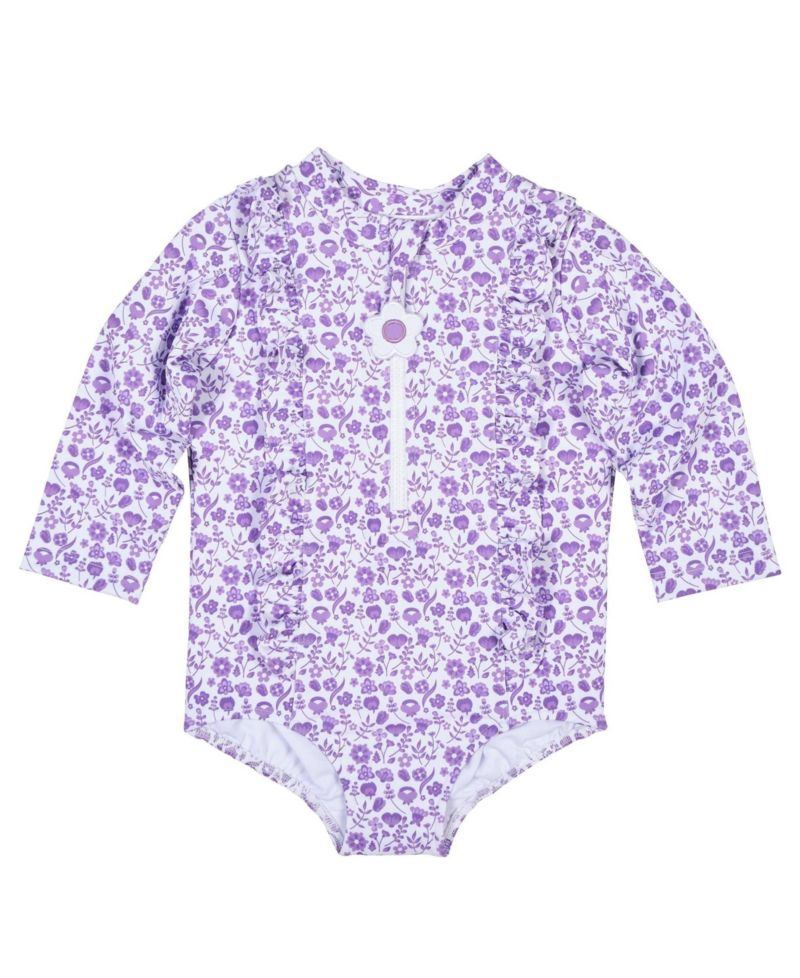 Little Girls Floral Print One Piece Rashguard with Ruffles
