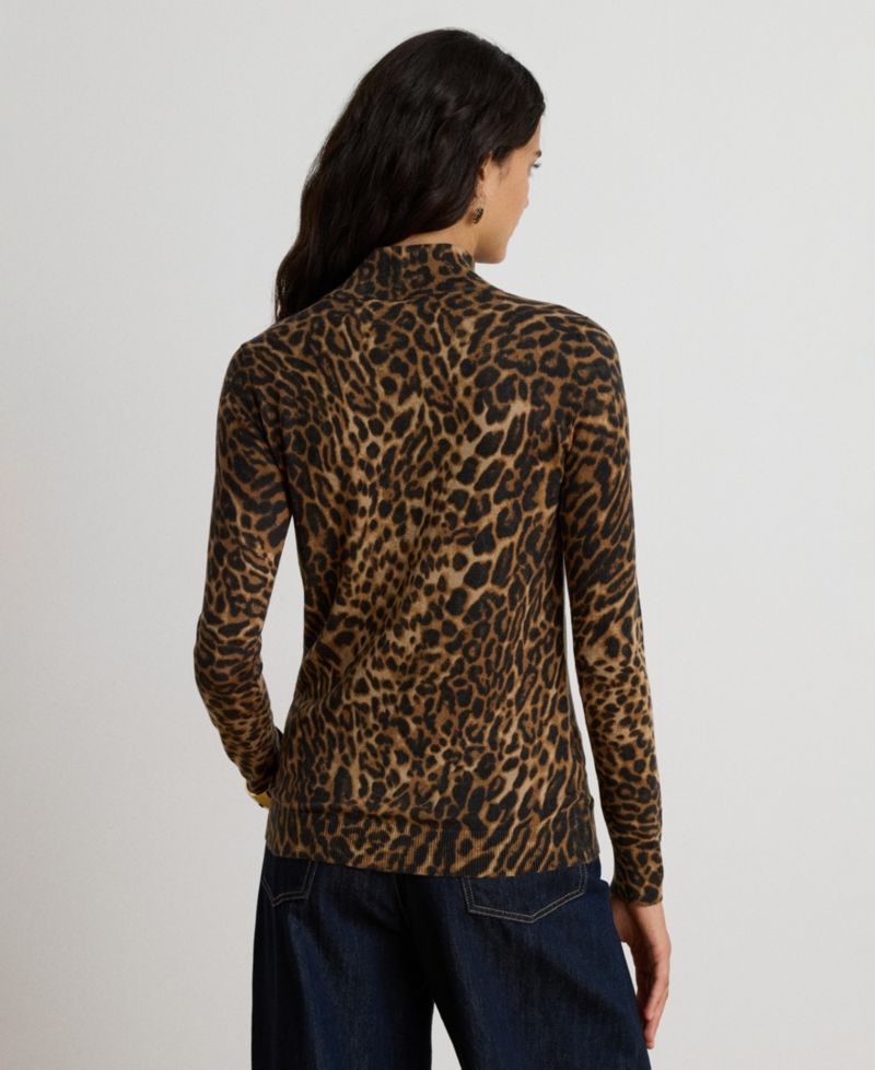 Women's Ocelot-Print Mock Neck Long-Sleeve Sweater