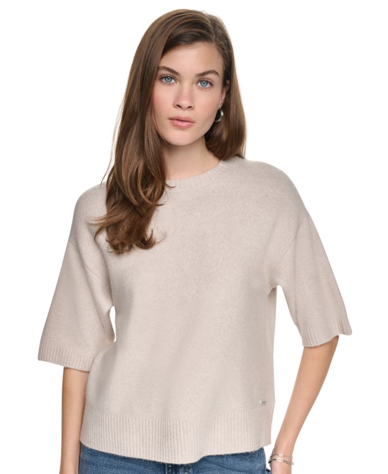 Women's Rugby Boxy Side Slits Short-Sleeve Crewneck Sweater