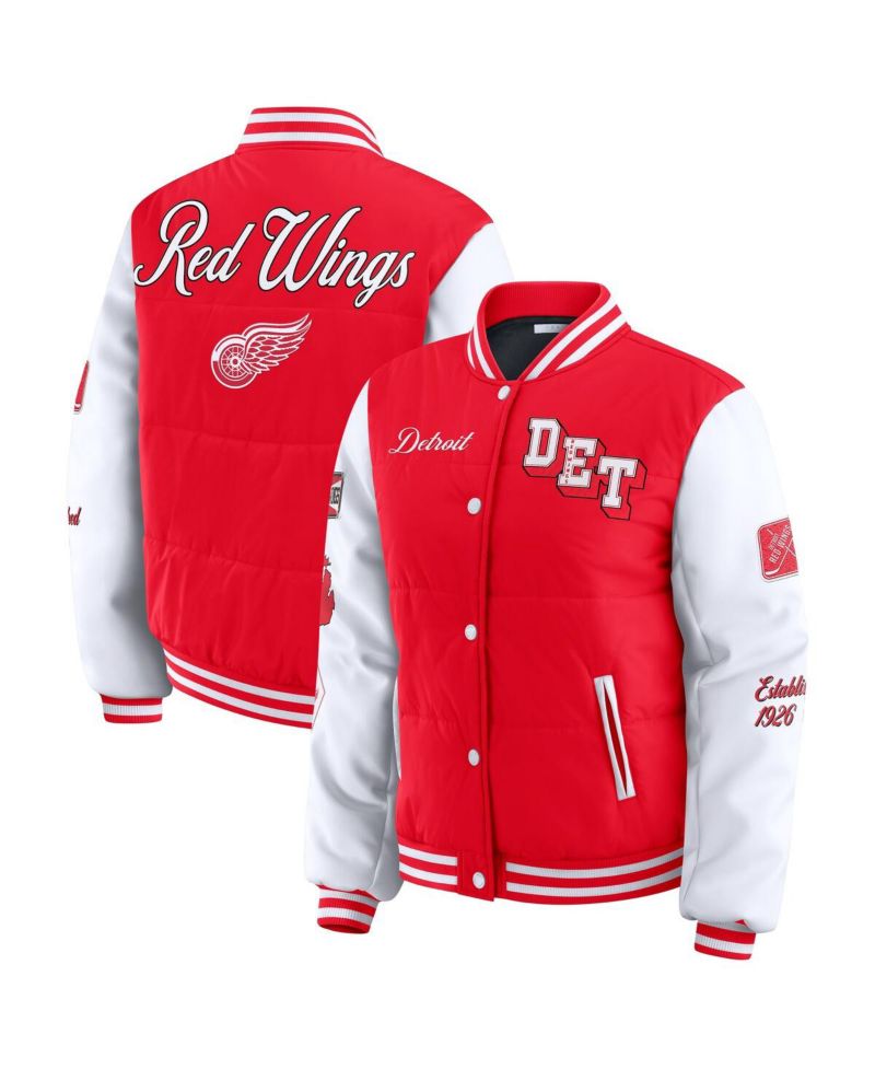 Women's Red/White Detroit Red Wings Varsity Full-Snap Puffer Jacket