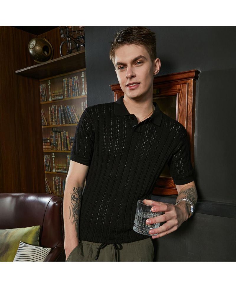 Men's Obsidian Black Stripe-Textured Polo T-Shirt