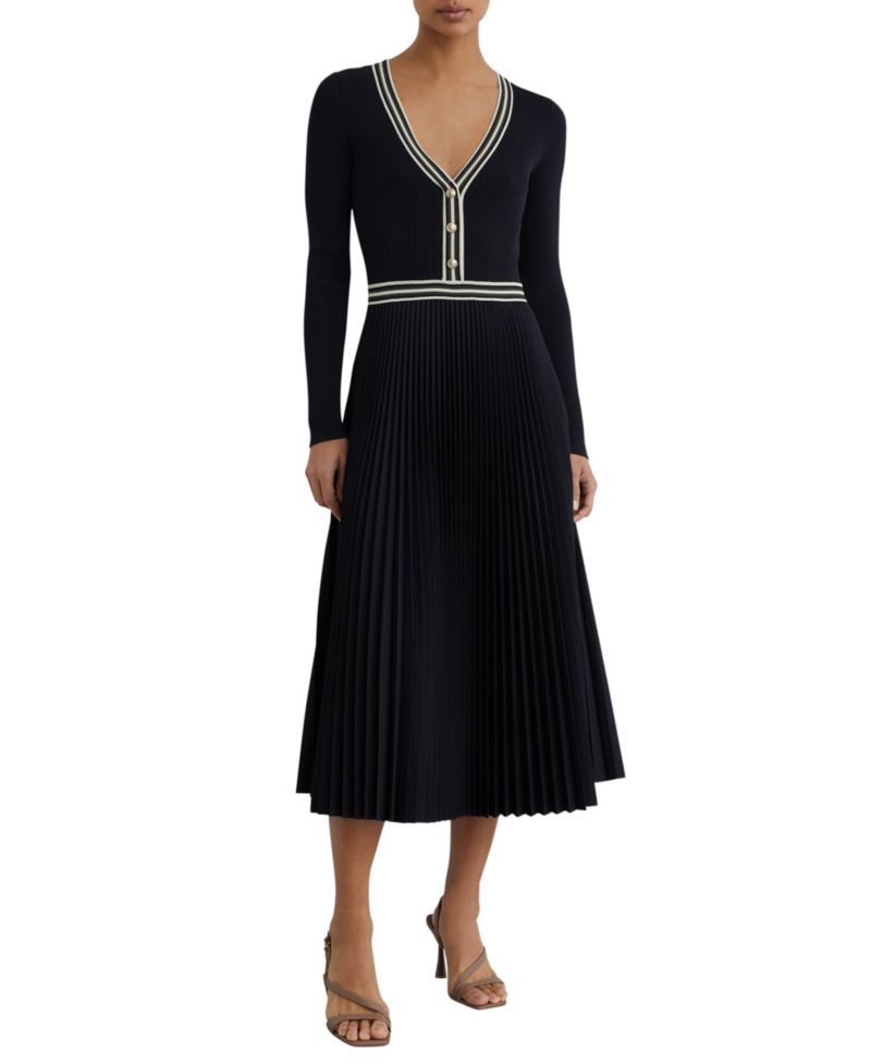 Women's Rib-Knit Stripe-Trim Pleated Midi Dress