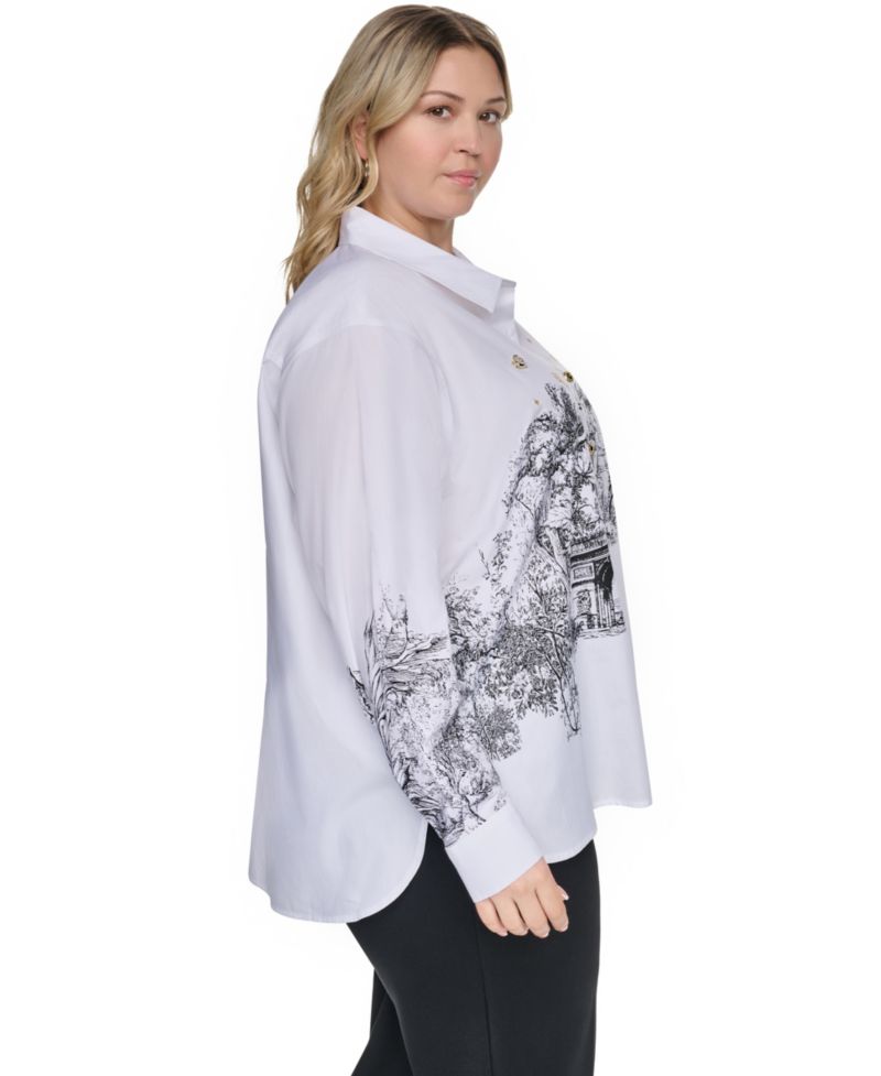 Plus Size City Scene Poplin Collared Long-Sleeve Top