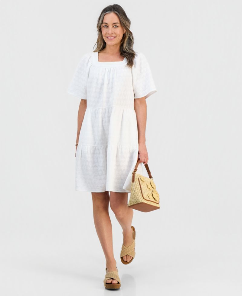 Petite Cotton Embroidered Square-Neck Dress