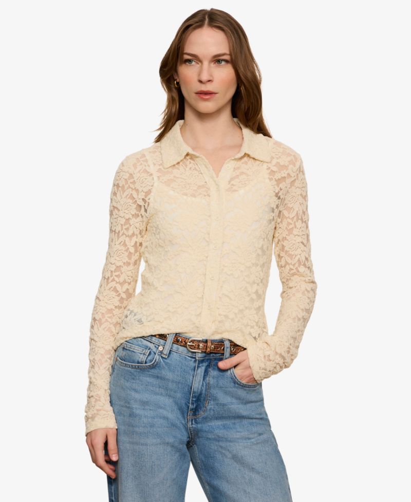 Petite Dreamer Lace Long-Sleeve Button-Up Blouse