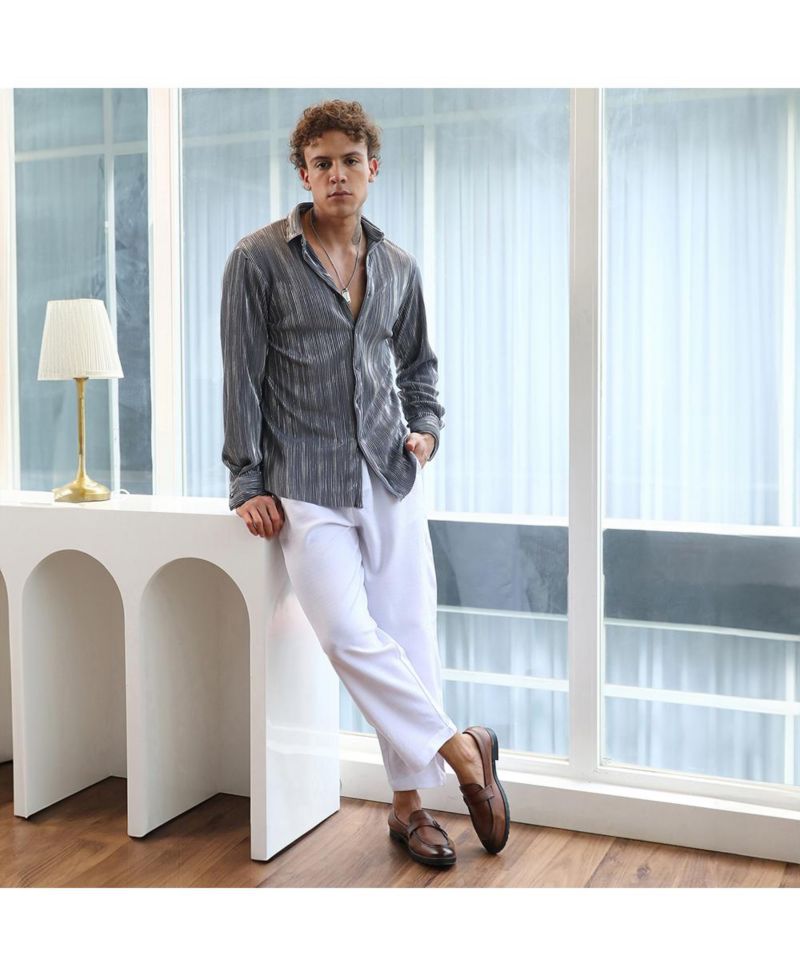 Men's Icy Blue & Metallic Silver Pleat-Creased Shirt